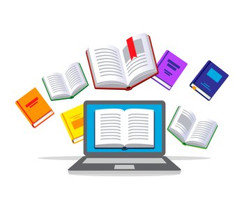 Illustration of a laptop and many books