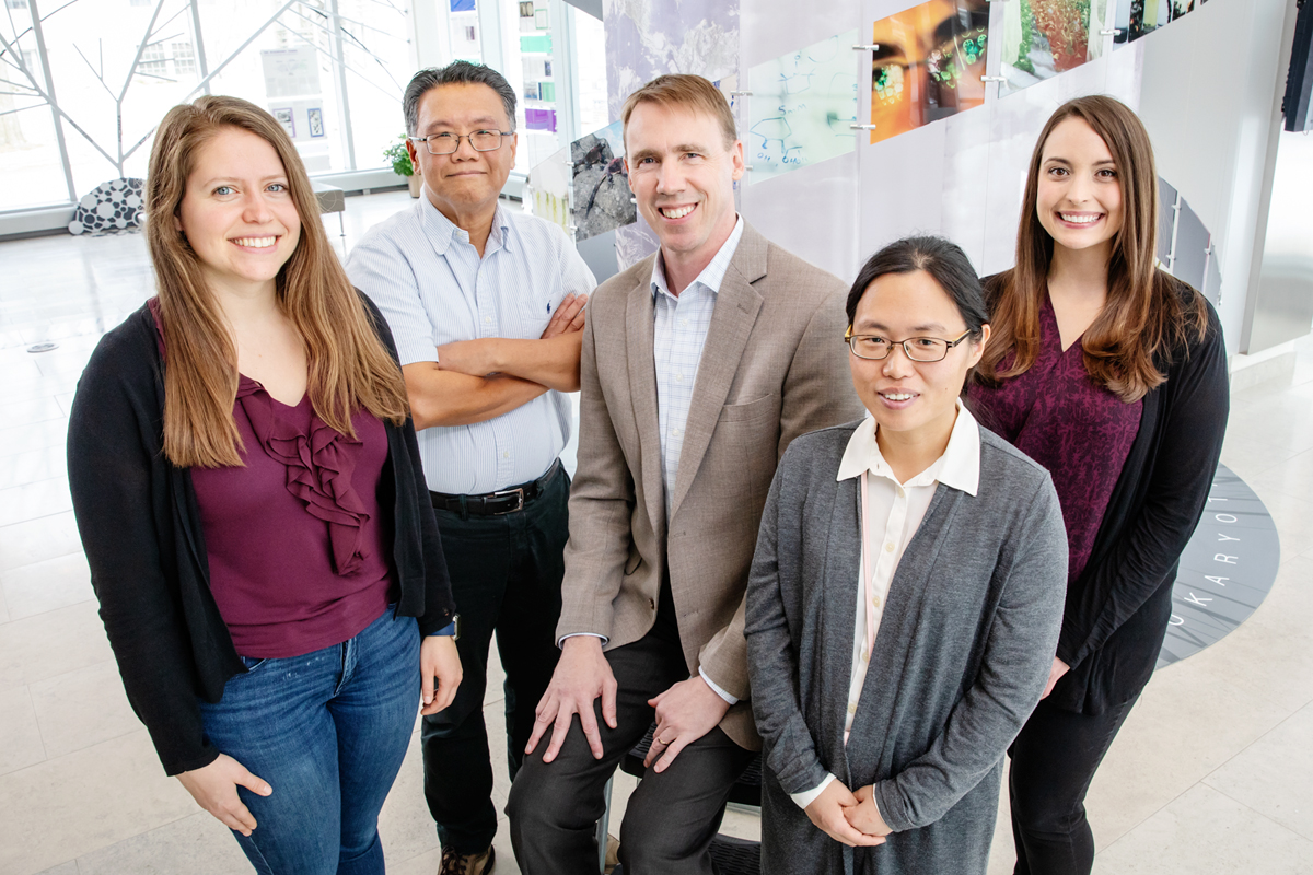 From left, graduate student Emily Geddes, pathobiology professor Gee Lau, chemistry professor Paul Hergenrother, postdoctoral researcher Hyang Yeon Lee, and postdoctoral researcher Erica Parker.  