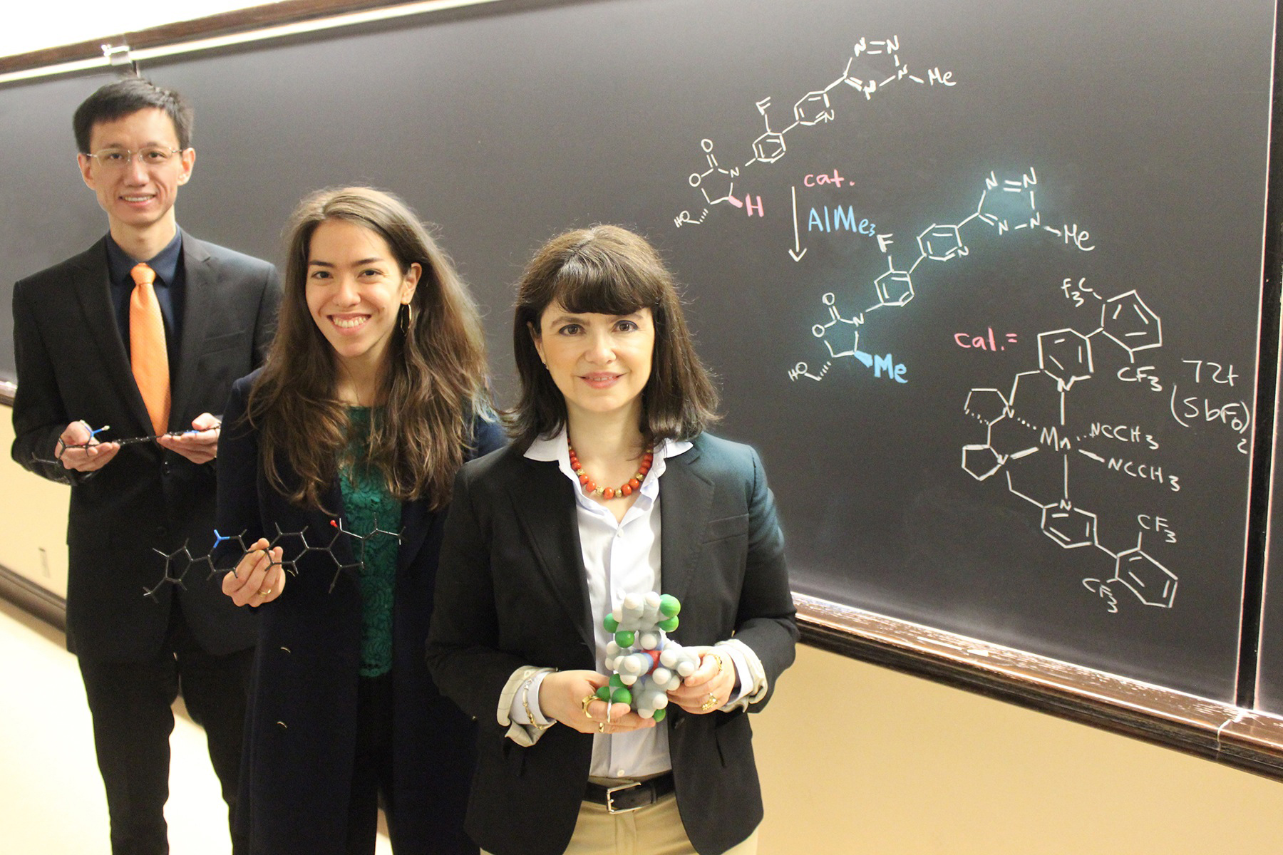 Photo of graduate students Kaibo Feng and Raundi E. Quevedo, and Professor M. Christina White in front of a blackboard with their equation written on it.