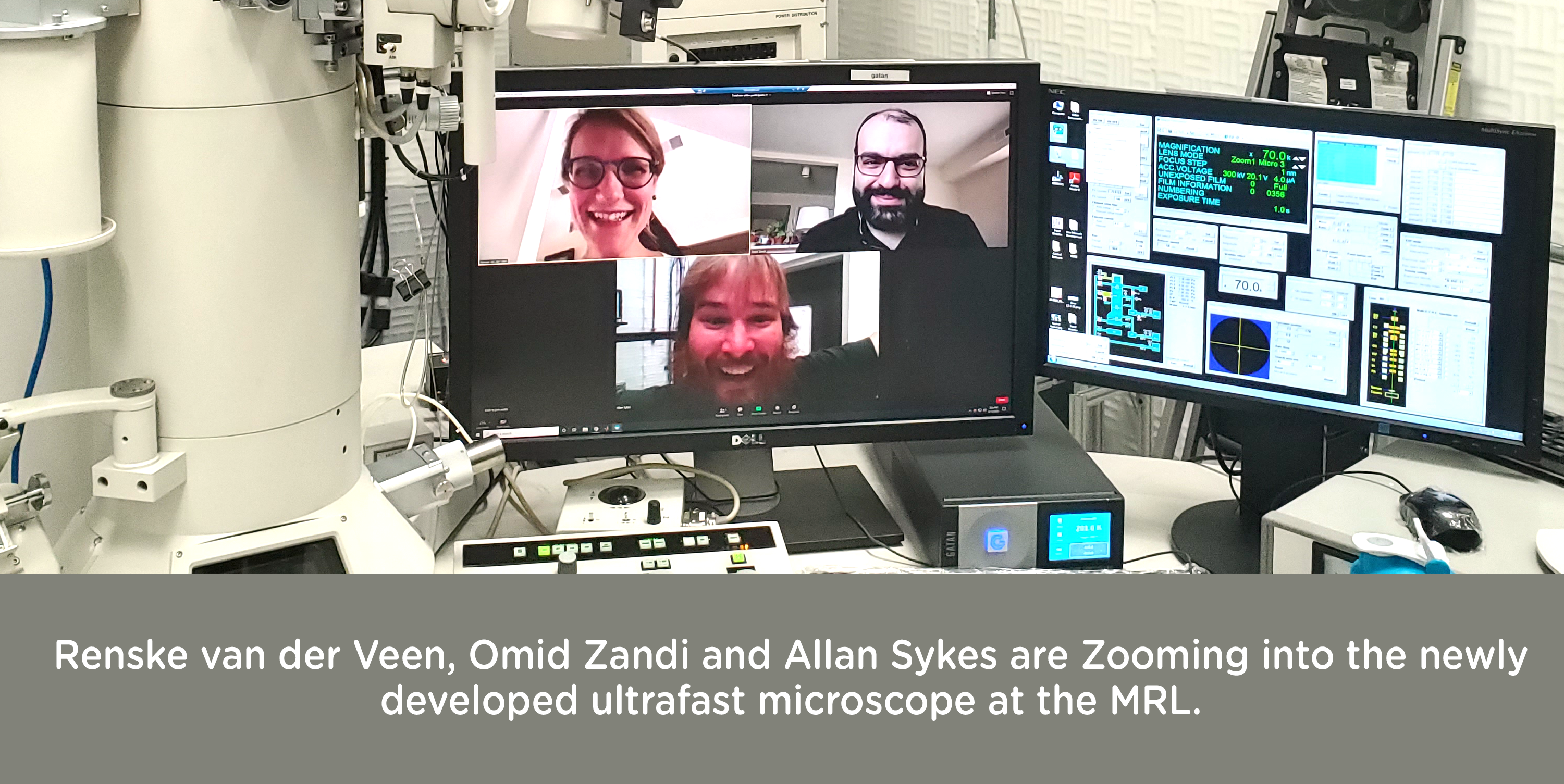 Photo of computer screen showing Zoom meeting between Renske van der Veen, Omid Zandi and Allan Sykes