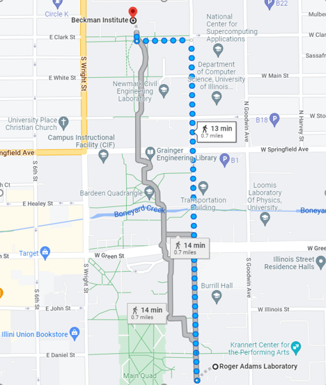 Image of a map showing the walking directions from RAL to Beckman