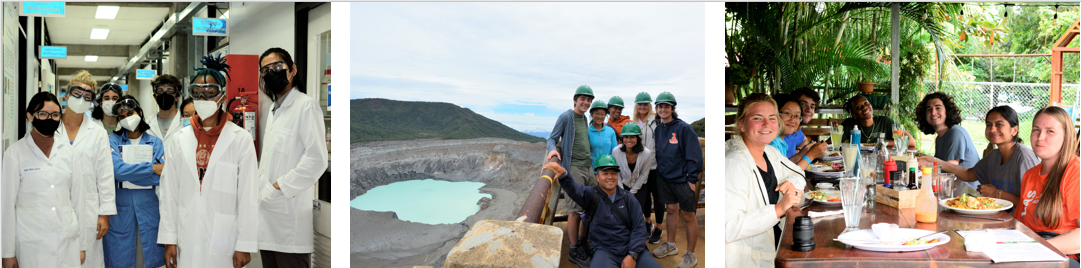 Three Costa Rica trip photos side by side; first shows students in their lab coats and PPE at the lab; second shows students at an overlook high above water; and third shows students around a table in an outdoor setting with palm trees in background. 