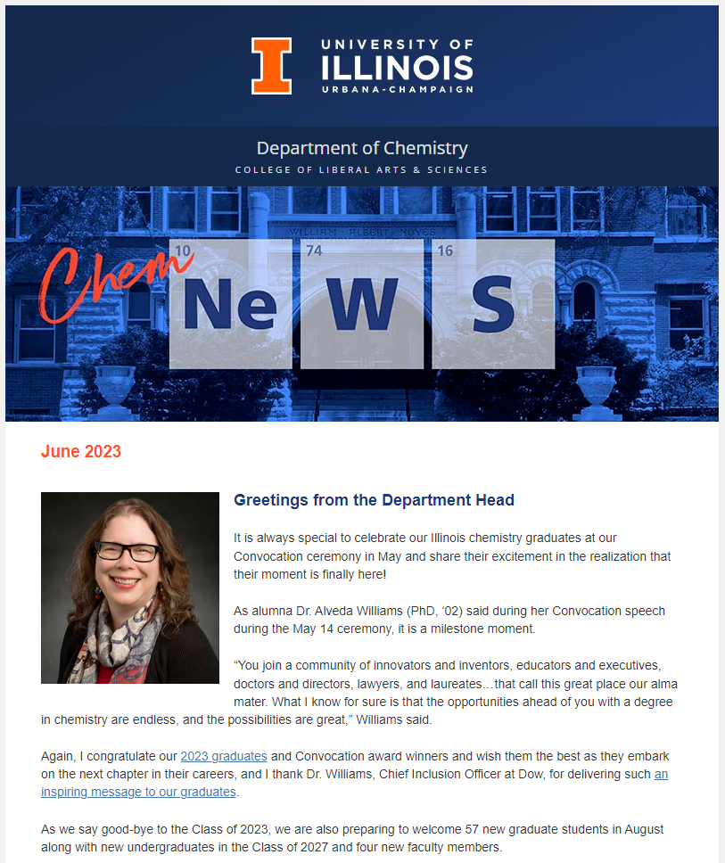 photo of the top portion of the e-news showing the title banner and department head greeting