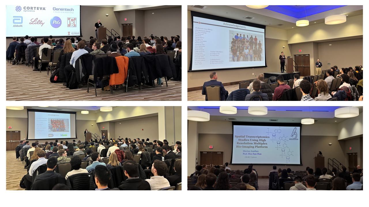 Four separate photos showing a seated crowd listening to a speaker at the front of the room presenting research from a podium with a large overhead screen.