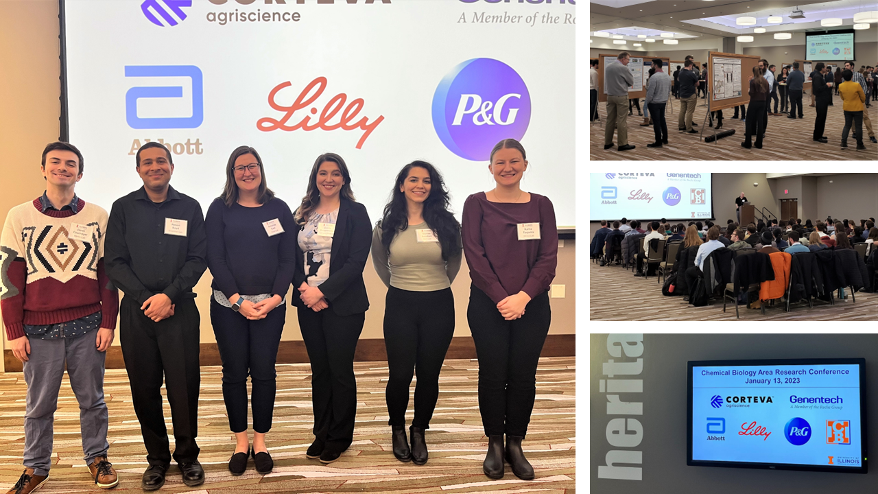 Four photos showing six student presenters standing side by side; a poster session in a big room; a speaker presenting to an audience; and television screen on the wall listing sponsors.