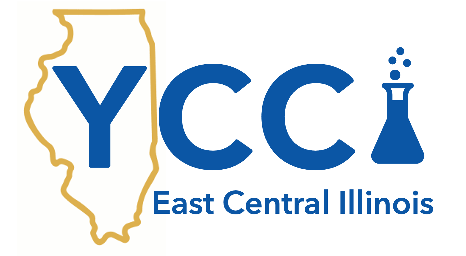 Yellow and blue logo on white background showing an outline of the state of Illinois with the YCC letters and a bubbling liquid in chemistry glassware. 