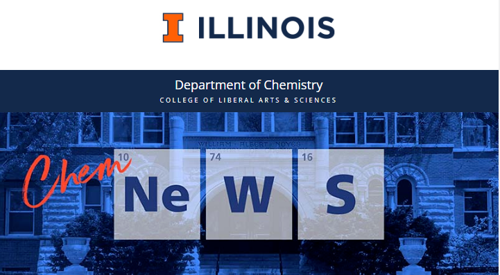 Photo showing masthead of the newsletter, which shows "Chem News" displayed over a photo of Noyes.