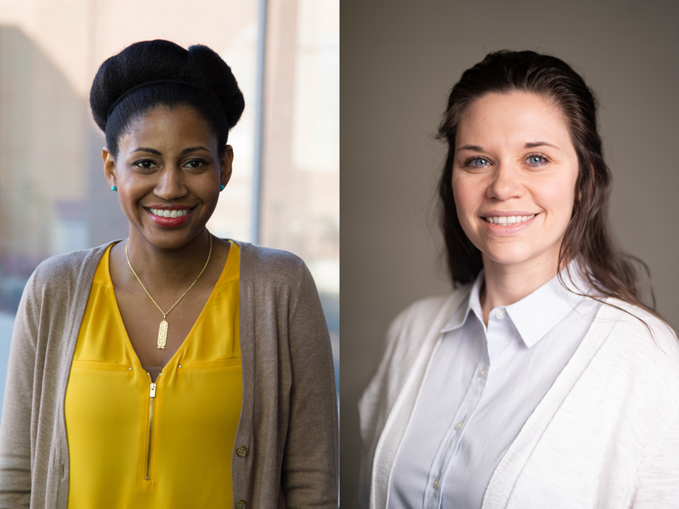 Side by side portraits of speakers on light backgrounds