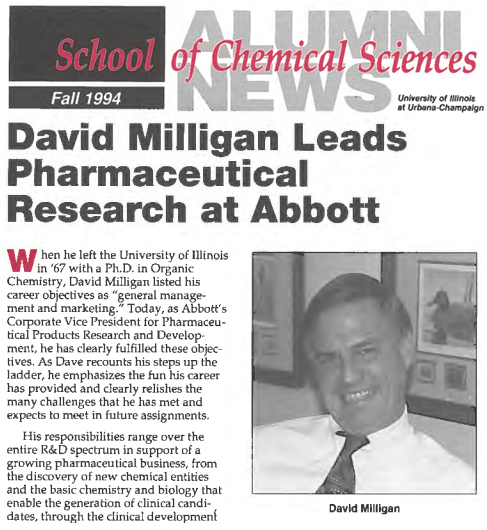 A photo of a Fall 1994 SCS Alumni newsletter featuring a story and photo of David Milligan 