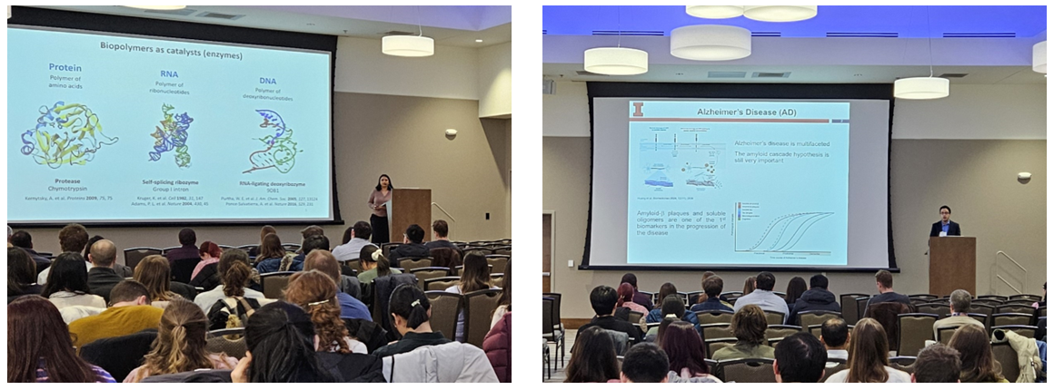 Two photos of audience in large conference room listening to presenter at a podium with large overhead screen