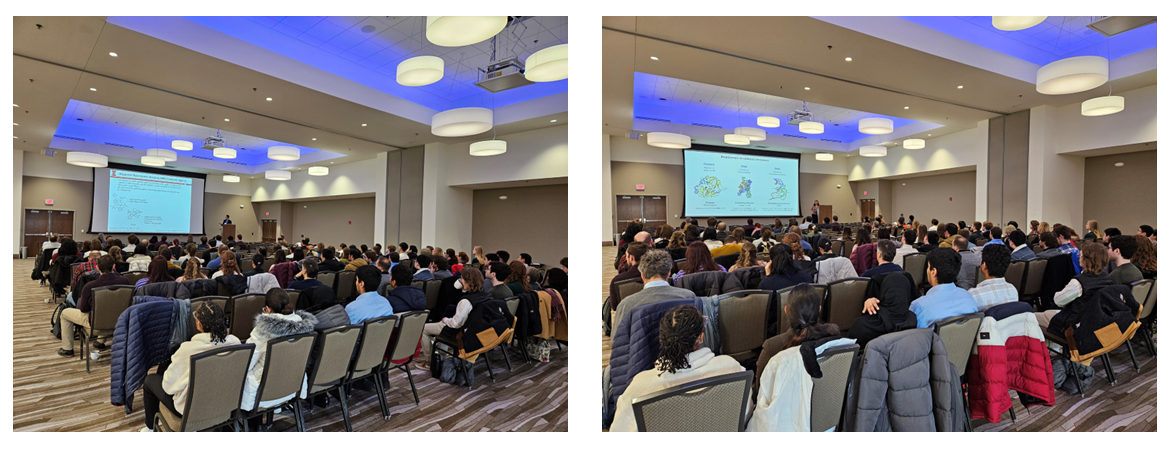 Two photos of audience in large conference room listening to presenter at a podium with large overhead screen