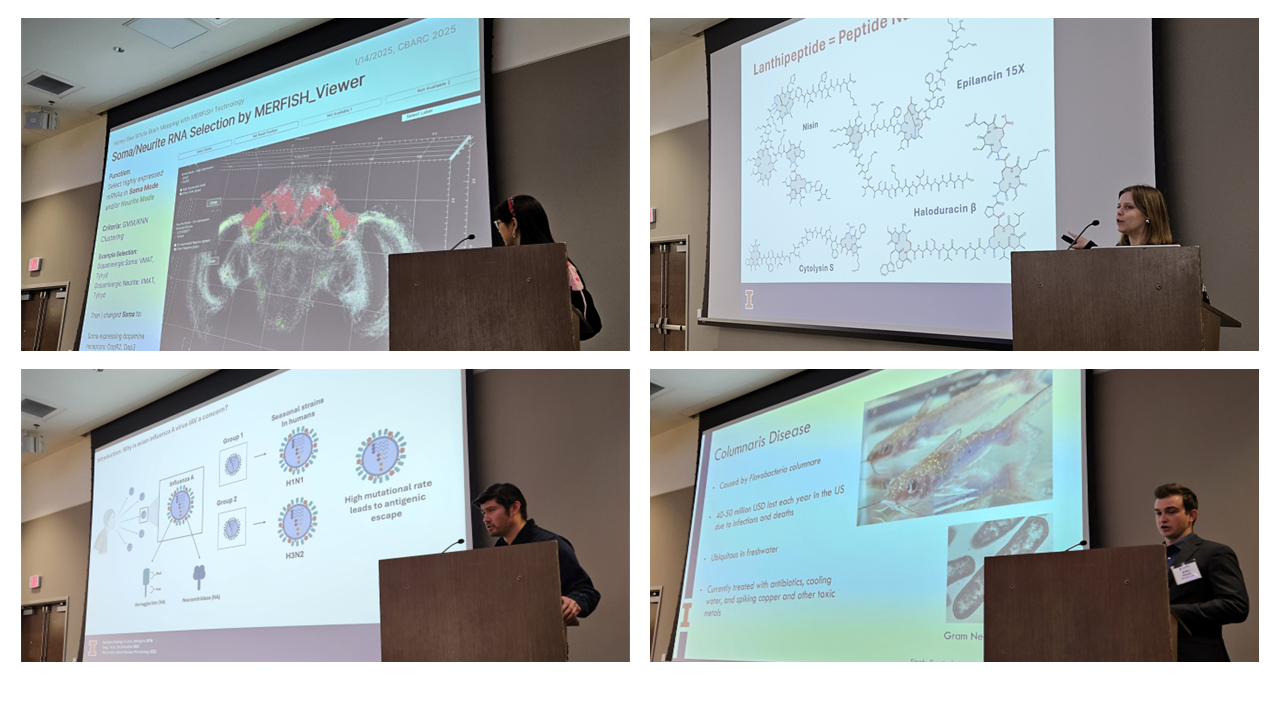 Four photos each showing graduate students at a podium presenting their research on a large overhead screen