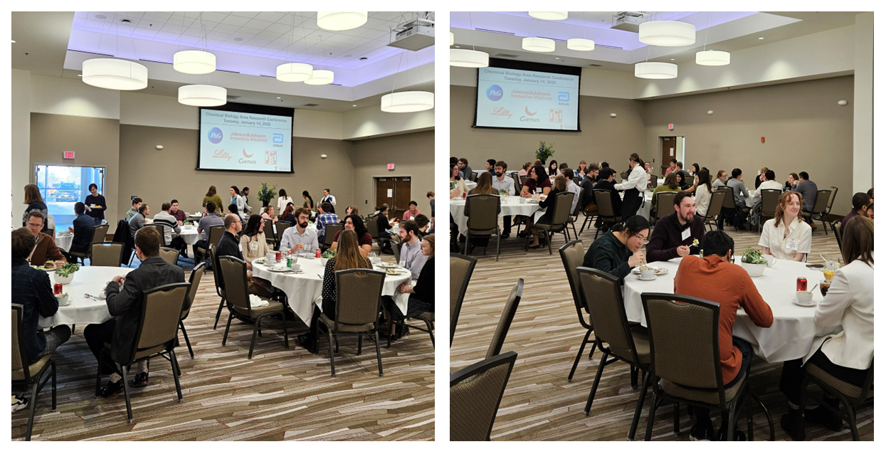 Photos of people sitting at tables in large conference room eating lunch