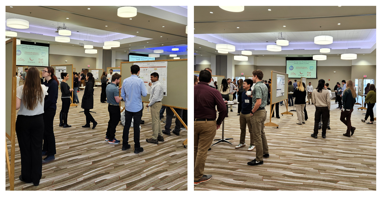 Photos of people standing in a large conference room listening to individual poster presentations