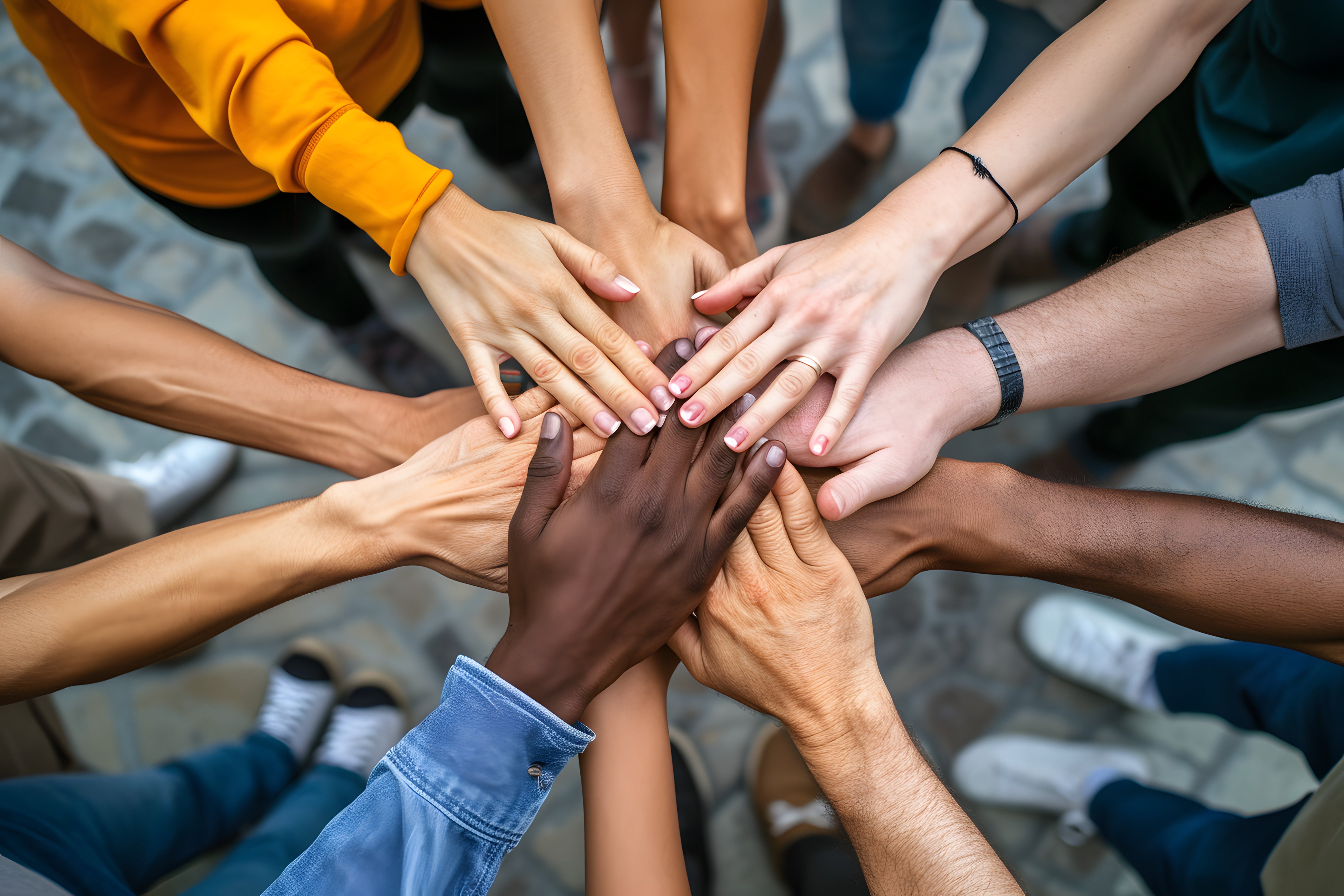 Group of people's hands touching together