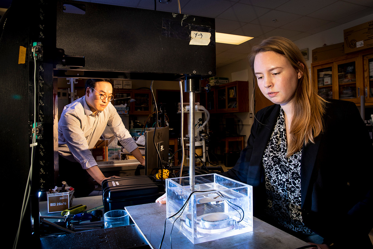 Gun Kim and Abigail Halmes work on equipment that emits an ultrasound wave inducing a reaction that produces light in synthetic molecules.