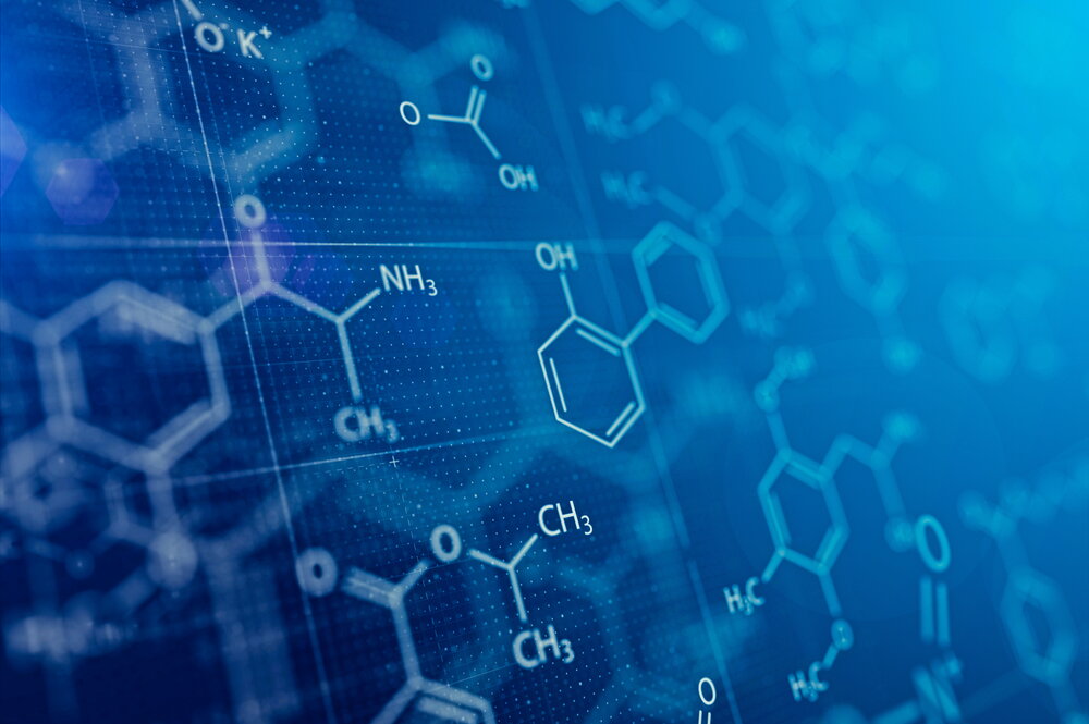 A blue screen showing illustrations of written molecular structures