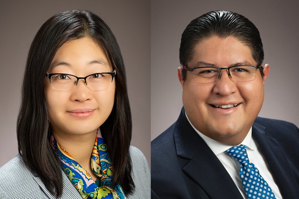 Head shot of Ying Diao on a tan background next to headshot Joaquin Rodriguez-Lopez on a tan background