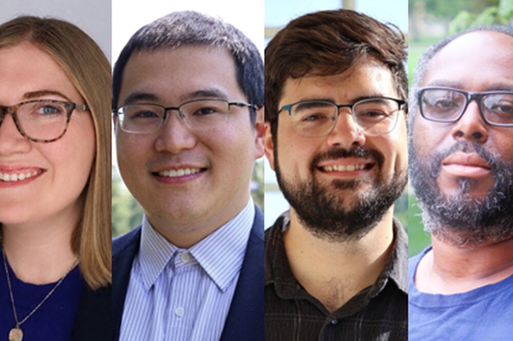 Four side by side head shots of new faculty members