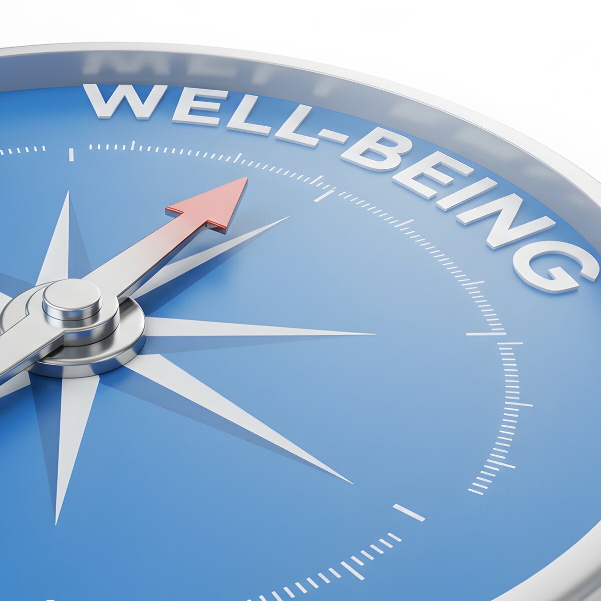 A compass with needle pointing north toward the words "well-being"