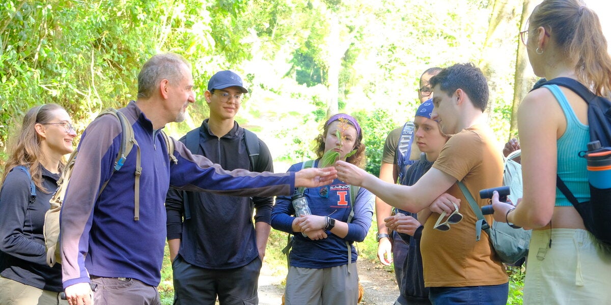 Group of people outdoors looking at a native plant