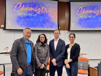 From left, Alan H. Wu, LaShaunda T. King-McNeil, Brett McGuire and panel moderator Prof. Tasha Manesis standing in the lecture classroom after the panel event.