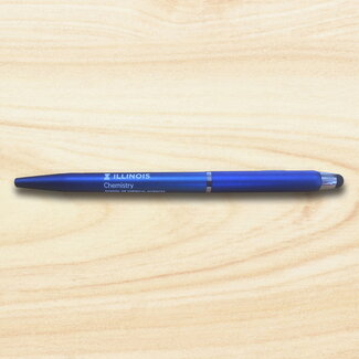Blue twist ink pen with stylus and clip. Printed with white block "I", Illinois, Chemistry, & School of Chemical Sciences.