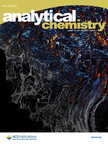 An image of the December 2020 cover of Analytical Chemistry, featuring an image that shows merged vibrational circular dichroism and infrared absorbance images of surgical breast tissue, taken at the same wavelength.