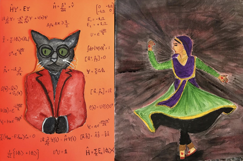 Two paintings, side by side; on left, a cat in an orange jacket, on an orange background with chemical equations; and the one on the right with a woman dancer in green and blue dress