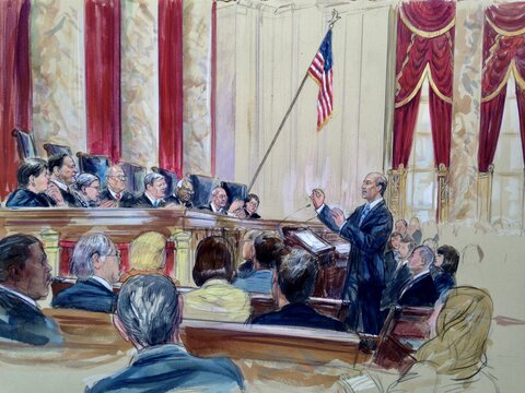 A color drawing of Lazarus presenting oral argument before the U.S. Supreme Court in 2017