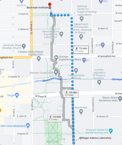 Image of a map showing the walking directions from RAL to Beckman