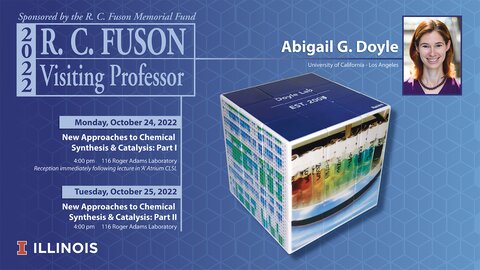 Flyer with a head shot of Abigail G. Doyle, an image of a cube, and event information.