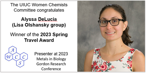 Slide with text announcing Alyssa DeLucia as the 2023 Spring Travel Award winner with a head shot of DeLucia.