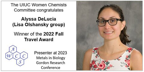 Slide with text announcing Alyssa DeLucia as the 2022 Fall Travel Award winner with a head shot of DeLucia.