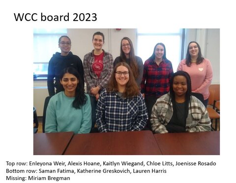 A group photo of the 2023 WCC exec board; members in first row are seated at a table and second row of members are standing behind them.