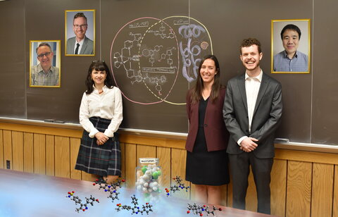 Professor Christina White and other researchers stand in front of a chalk board with chemistry formulas written on it.