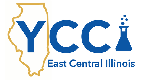 Yellow and blue logo on white background showing an outline of the state of Illinois with the YCC letters and a bubbling liquid in chemistry glassware. 