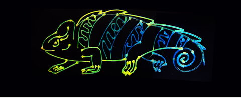 A 3D printed green and blue chameleon illustration on a black background created by the research team. 