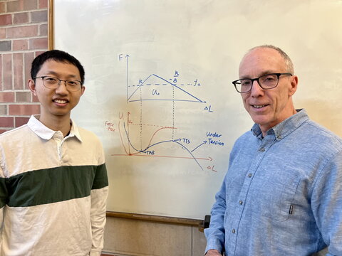 Yunyan Sun and Jeffrey Moore stand in front of a white board with a computational model drawn on the board between them.