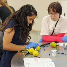 Photo of a Day Camp student at a bench in a chemistry lab guiding a student through an activity.
