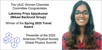 Head shot of Lakshmy Priya Ajayakumar, the UIUC Women Chemists Committee Congratulates Lakshmy (Backlund Group) winner of the Spring 2025 Travel Award.