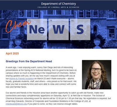 Image of top of the April newsletter showing "Chem News" and head shot of Cathy Murphy