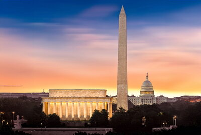 Washington DC skyline with capitol and monument and Lincoln Memorial.
