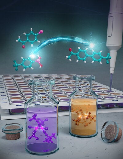Graphic illustration showing molecular structures and two vials of nickel catalyst compounds