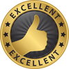 Gold and gray image of a thumbs up with word, Excellent.