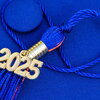 Tassel from a graduation cap laying on top of a blue graduation cap
