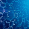 A blue screen showing illustrations of written molecular structures