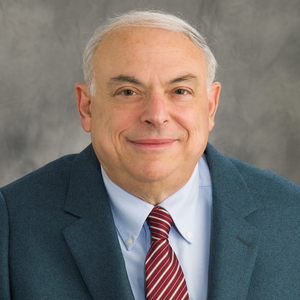 Head shot of professor Dana Dlott in a dark blue suit coat, white shirt and red-striped tie against a gray portrait background