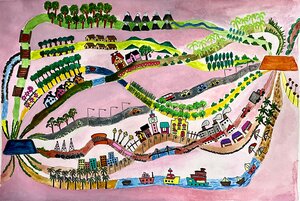 A painting on a pink background that shows a variety of paths with varied terrain and methods of transportation from one point to another point, illustrating research of path integrals in quantum mechanics research.