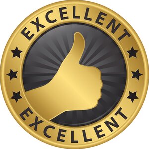 Gold and gray image of a thumbs up with word, Excellent.